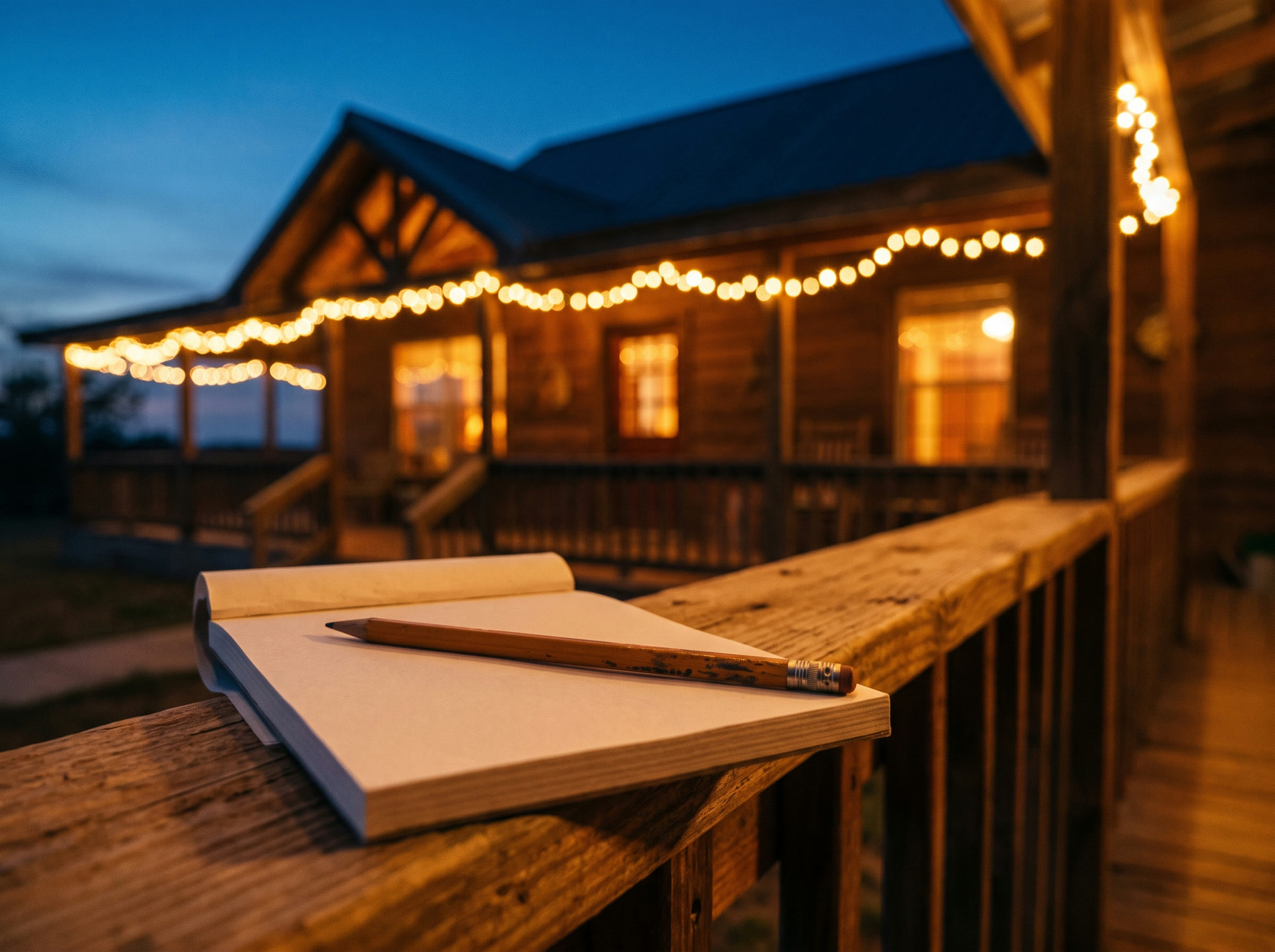 A notepad on a porch railing at dusk, a lit home glowing softly in the background