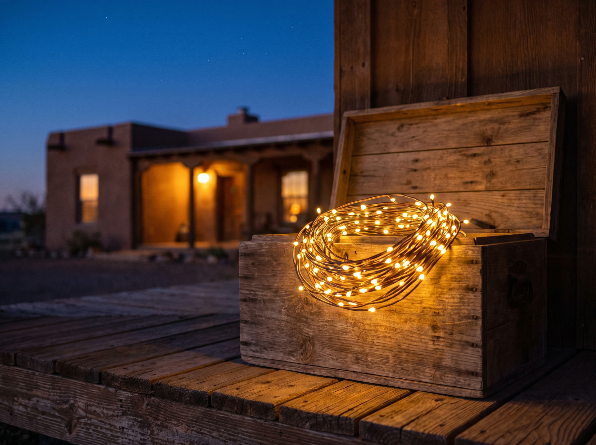 A neatly coiled strand of warm lights in an open storage tote on a porch